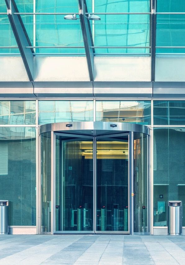 A building with glass doors and windows